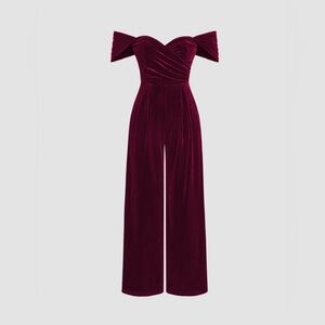 Velvet Off-shoulder Solid Ruched Jumpsuit